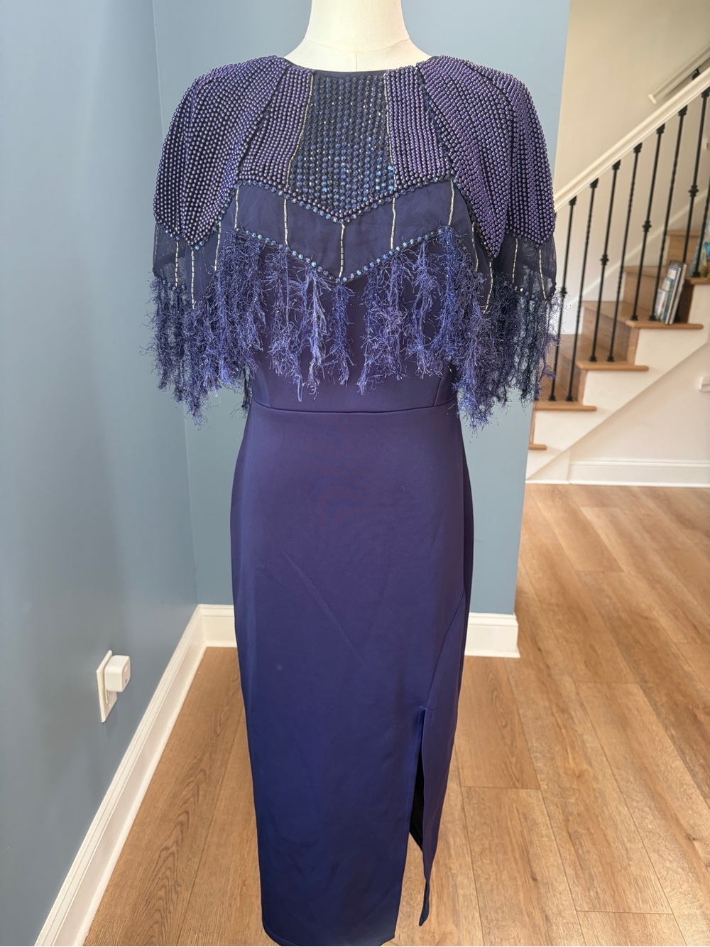 ASOS DESIGN Tall Navy Beaded Fringe Cape Midi Pencil Dress US 6
